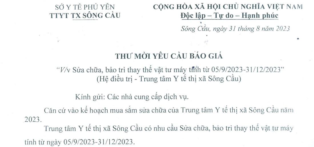 Yêu cầu báo giá Sửa chữa, bảo trì thay thế vật tư máy tính ngày 05/09/2023-31/12/2023 (Hệ điều trị)